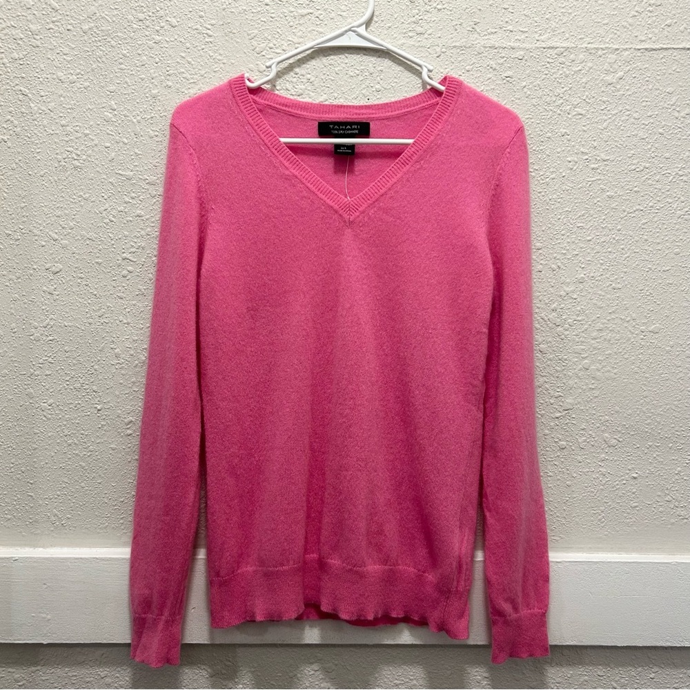 Tahari 2-Ply 100% Cashmere Pink V-Neck Sweater Small